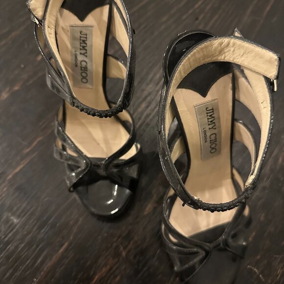 Jimmy Choo Black Patent Leather Strappy Heels, Size 37.5 (7.5) - Picture 2 of 3